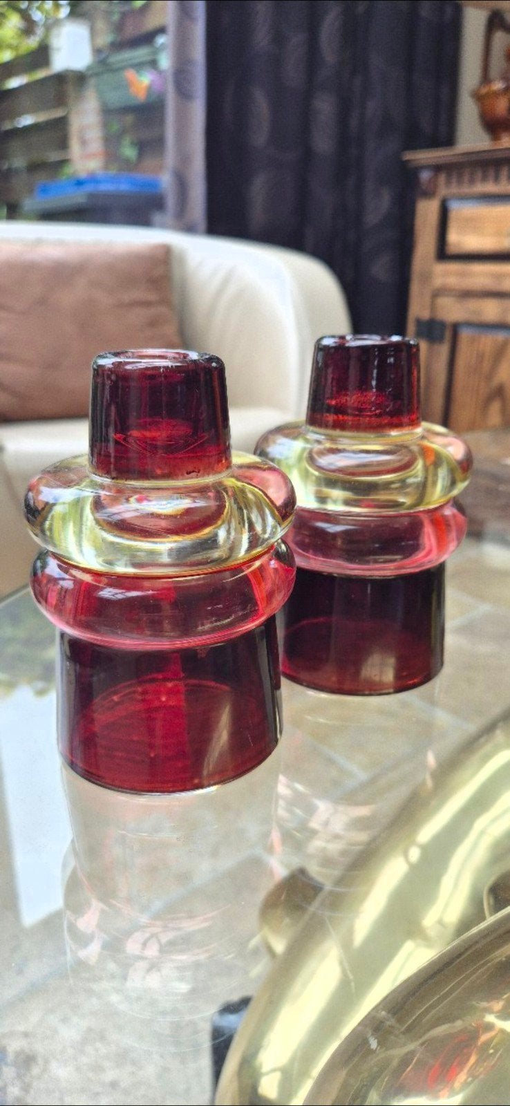 Vintage Glazen Kandelaars Rood-Geel - Set van Twee, Antiek en Kunst, Ophalen of Verzenden