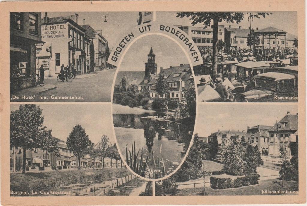 BODEGRAVEN De Hoek Gemeentehuis Straten Kaasmarkt Groeten, Verzenden, 1940 tot 1960, Ongelopen, Zuid-Holland
