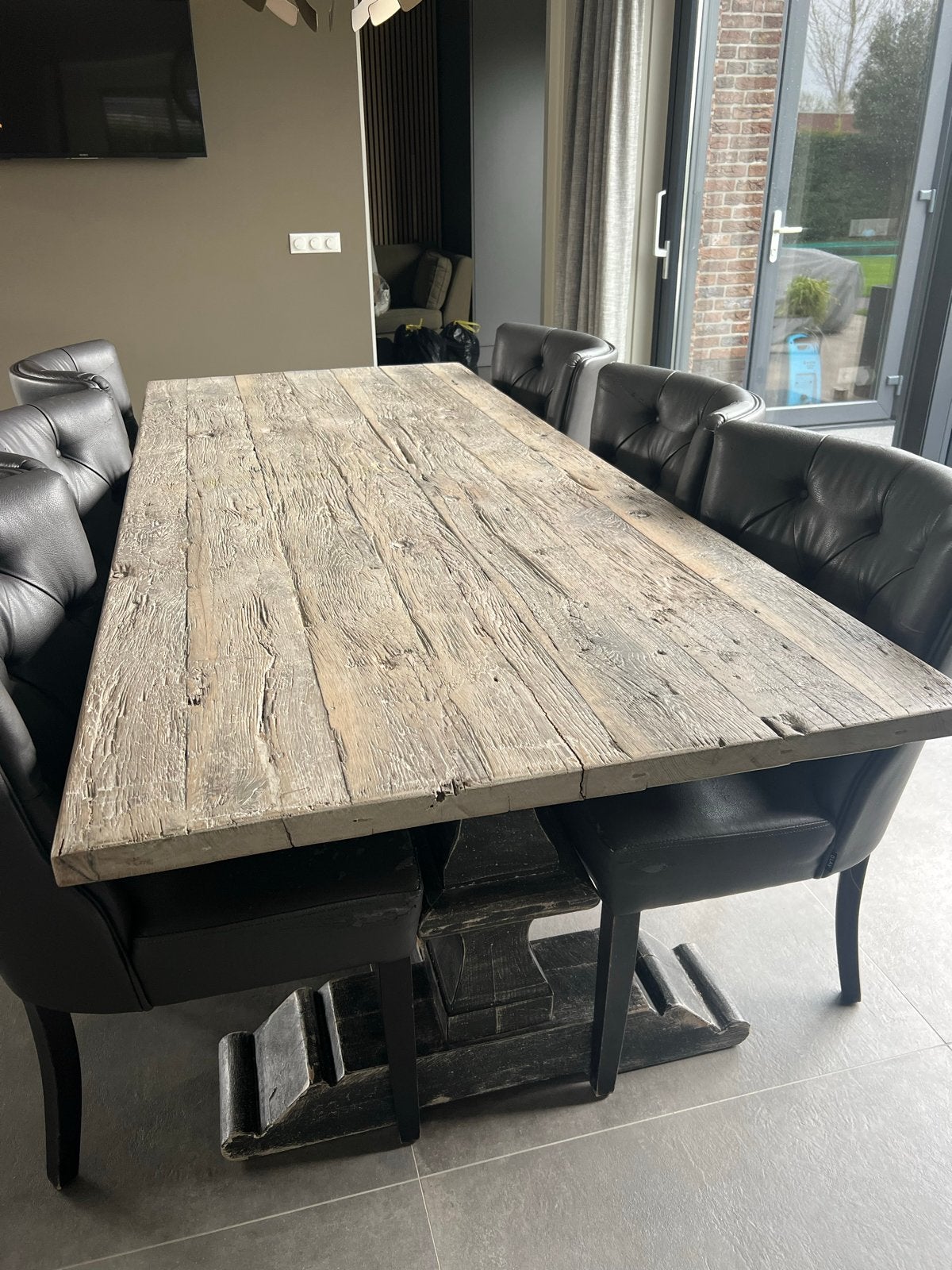 Kloostertafel massief eiken 240x100 vergrijsd, Ophalen, Gebruikt, 100 tot 150 cm, Eikenhout