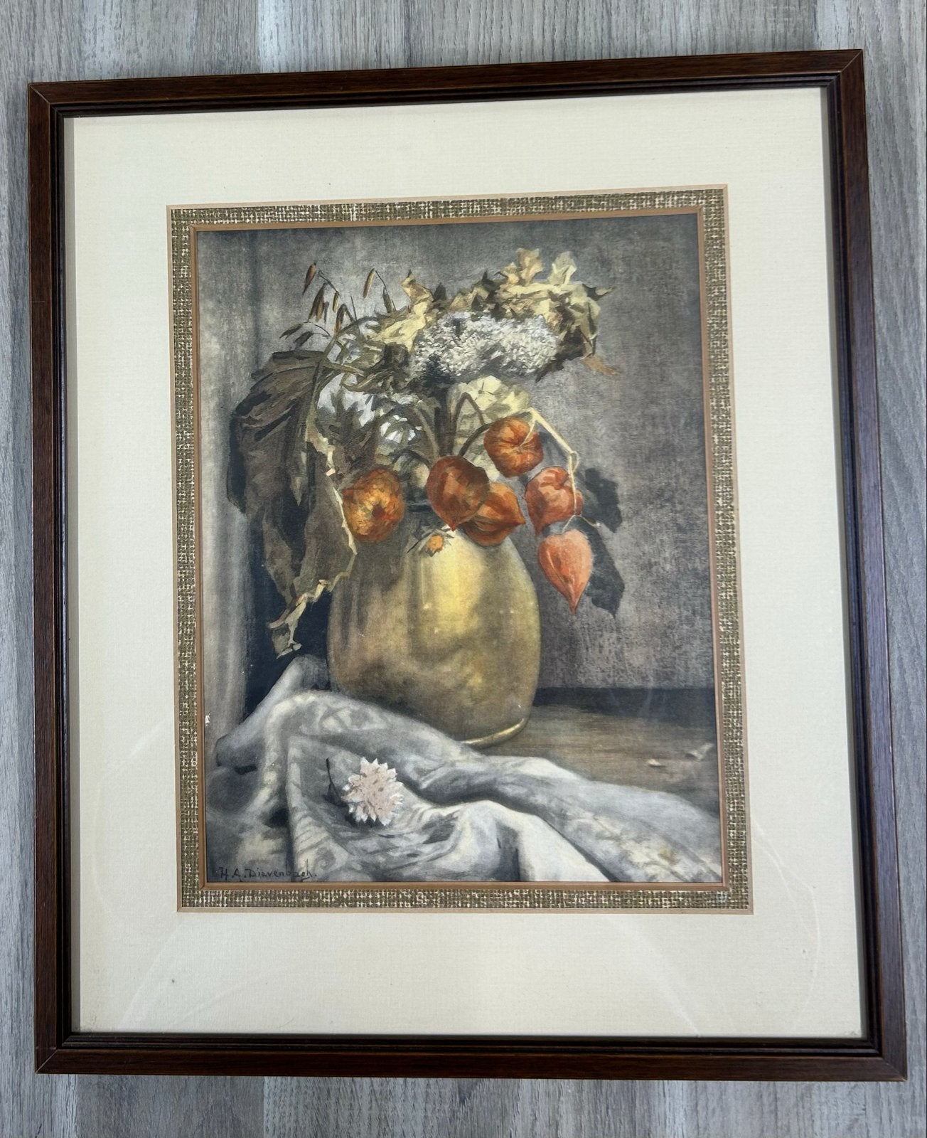 Stilleven met Lampionplant en Droogbloemen - H.A. Dievenbach, Achter glas, Overige technieken, Stilleven, Ophalen of Verzenden