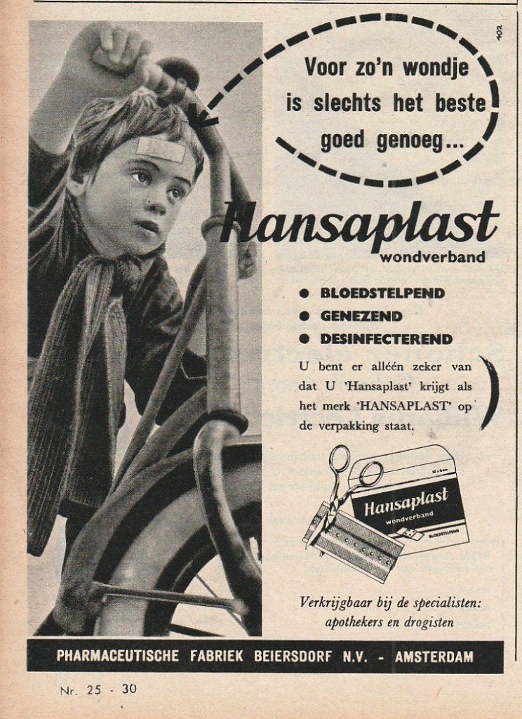 retro reclame 1960 Hansaplast pleisters jongetje met stepje, Verzenden, Overige typen