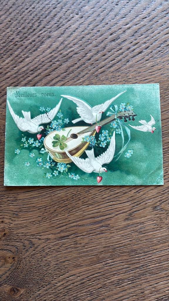 Beste wensen.4 duiven, muziekinstr.,klaver,vergeetmijnietjes, Ophalen of Verzenden, Voor 1920, Gelopen