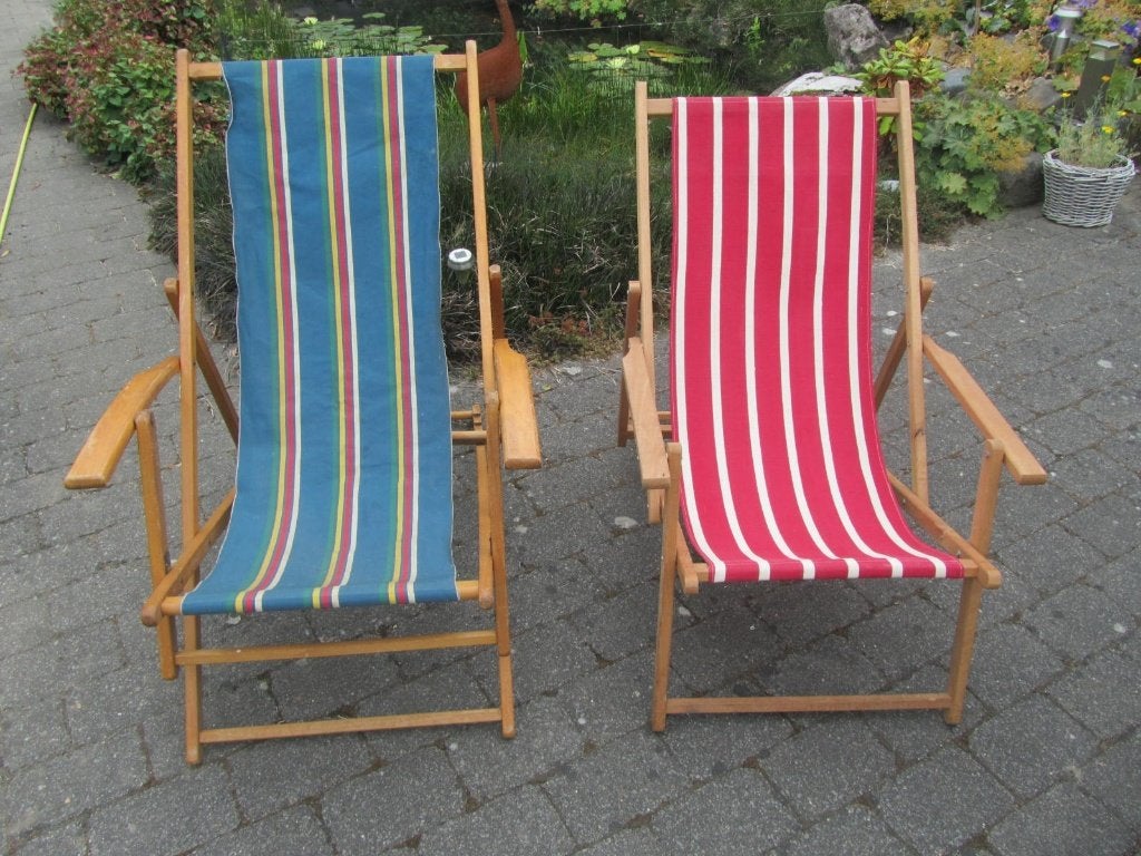 2 strandstoelen  retro / vintage, Ophalen, Gebruikt, Hout, Inklapbaar