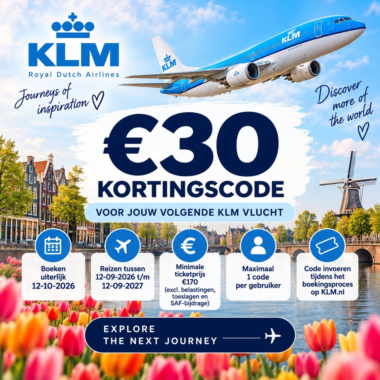 Klm €30 kortingscode, Eén persoon