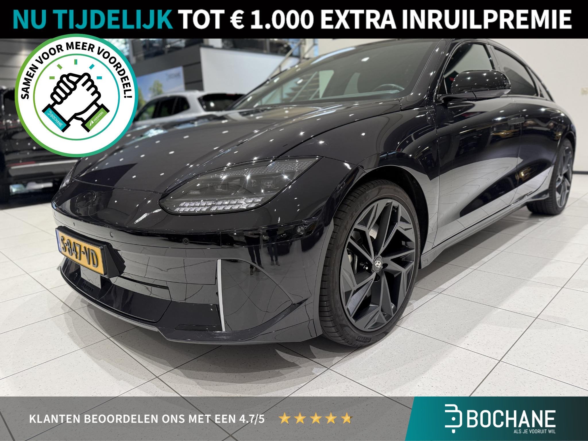Hyundai IONIQ 6 First Edition AWD 77.4 kWh | Schuifdak | Tre, Auto's, Gebruikt, Blauw, Leder en Stof, Origineel Nederlands