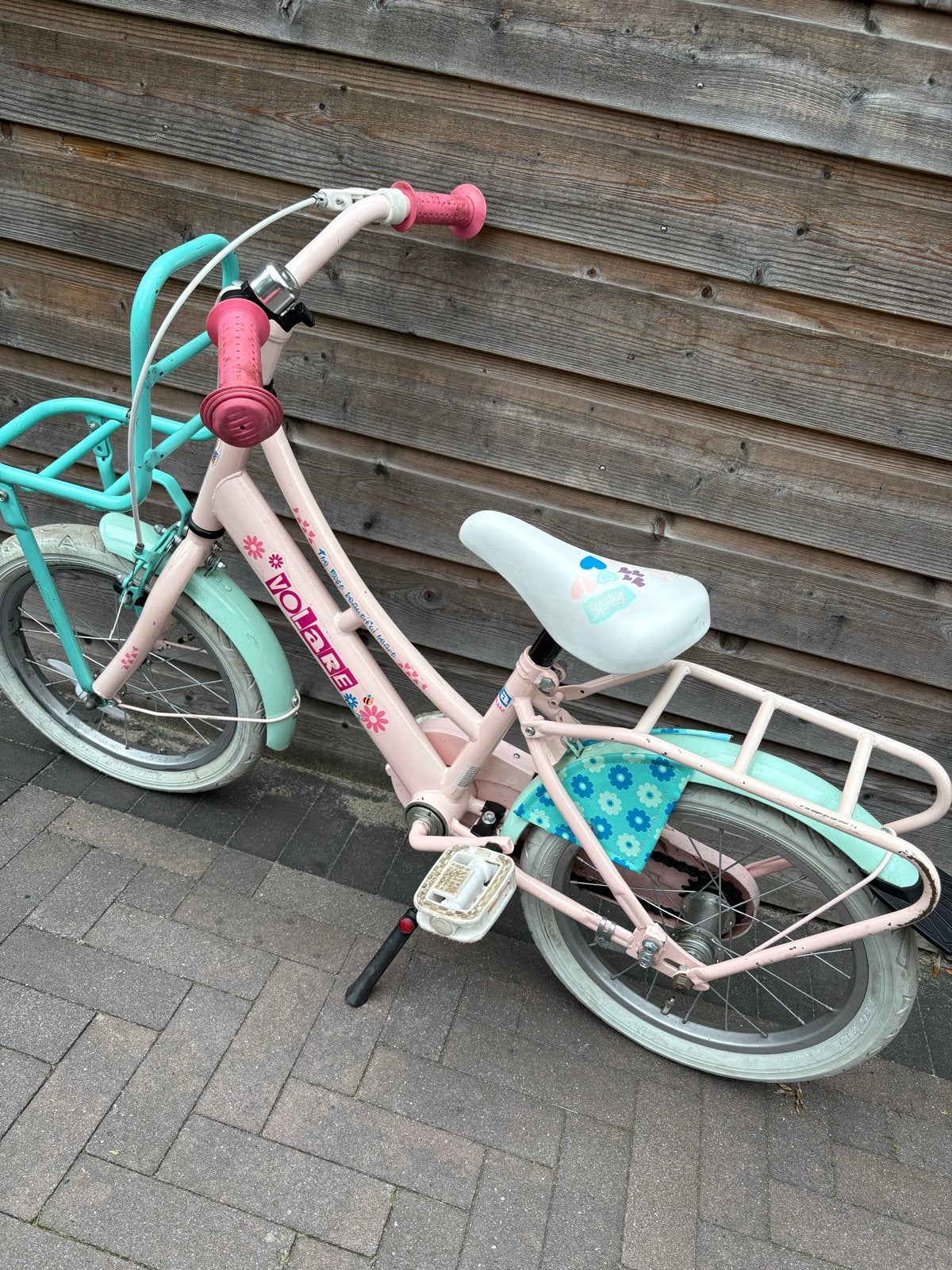 Volare meisjesfiets 16 inch - Roze/Mintgroen, Ophalen, Gebruikt, Terugtraprem, 16 tot 20 inch