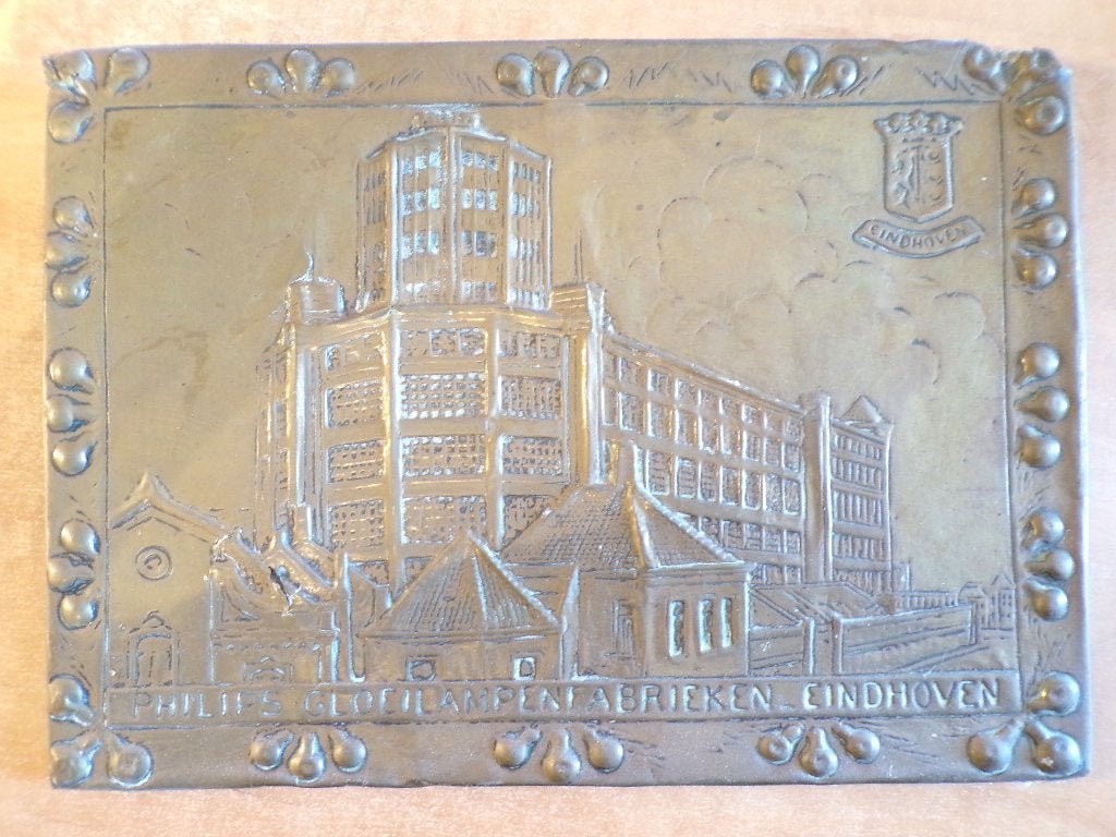 Koperlatoen wandbord Lichttoren Philips, Eindhoven, ca. 1925, Ophalen of Verzenden