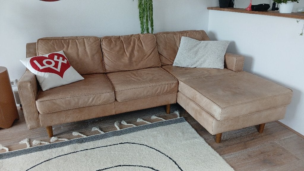 Comfortabele hoekbank met chaise longue - Zandkleurig, Huis en Inrichting, Banken | Bankstellen, Ophalen, Gebruikt, Hoekbank, Driepersoons