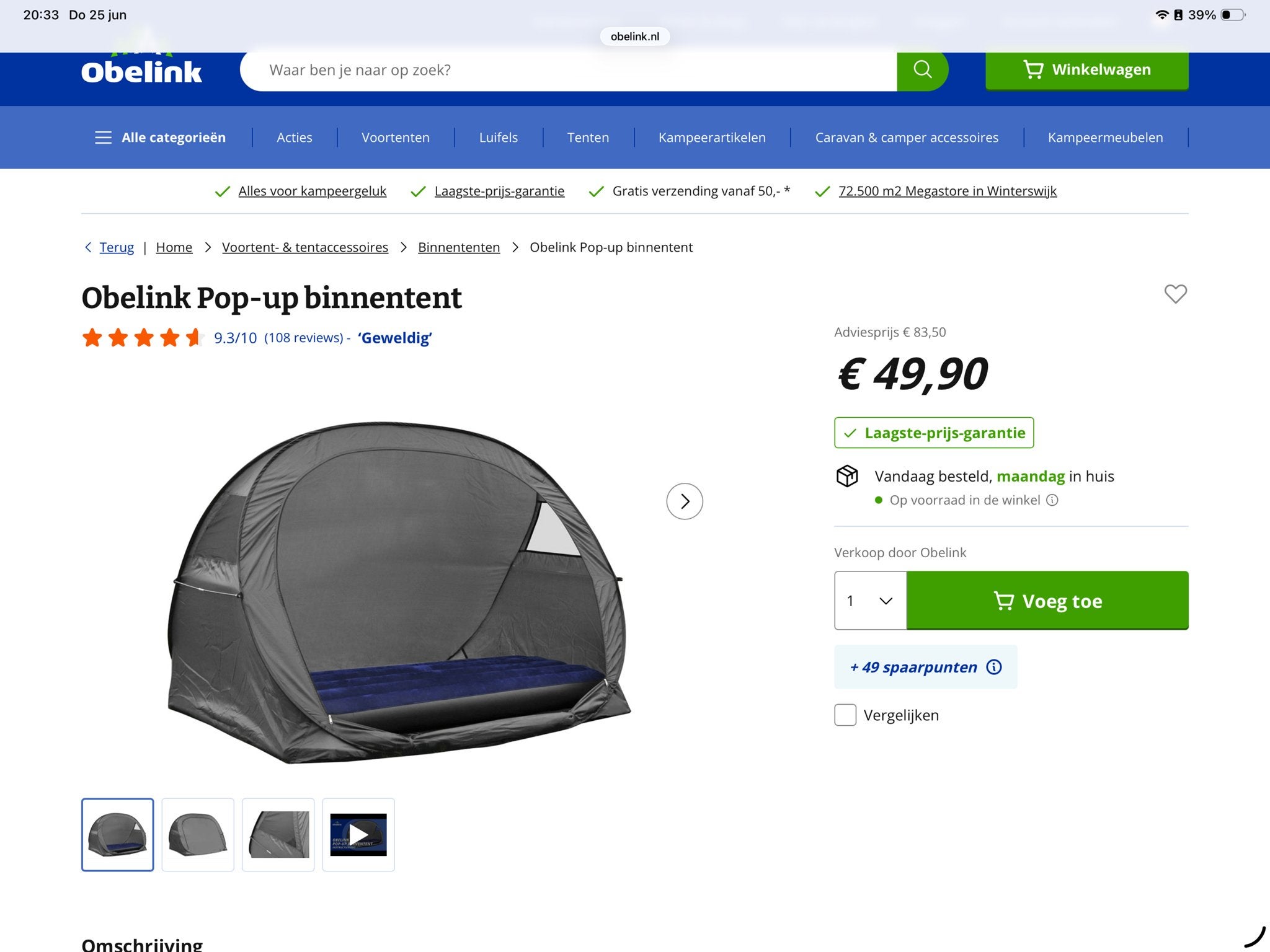 Obelink Pop-up binnentent - Zo goed als nieuw, Ophalen, Zo goed als nieuw, Tot en met 2