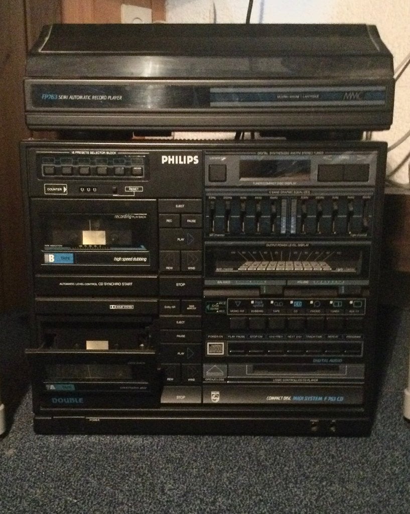 Stereotoren Philips F763CD met platenspeler en  lp’s, Ophalen, Gebruikt, Cassettedeck, Philips