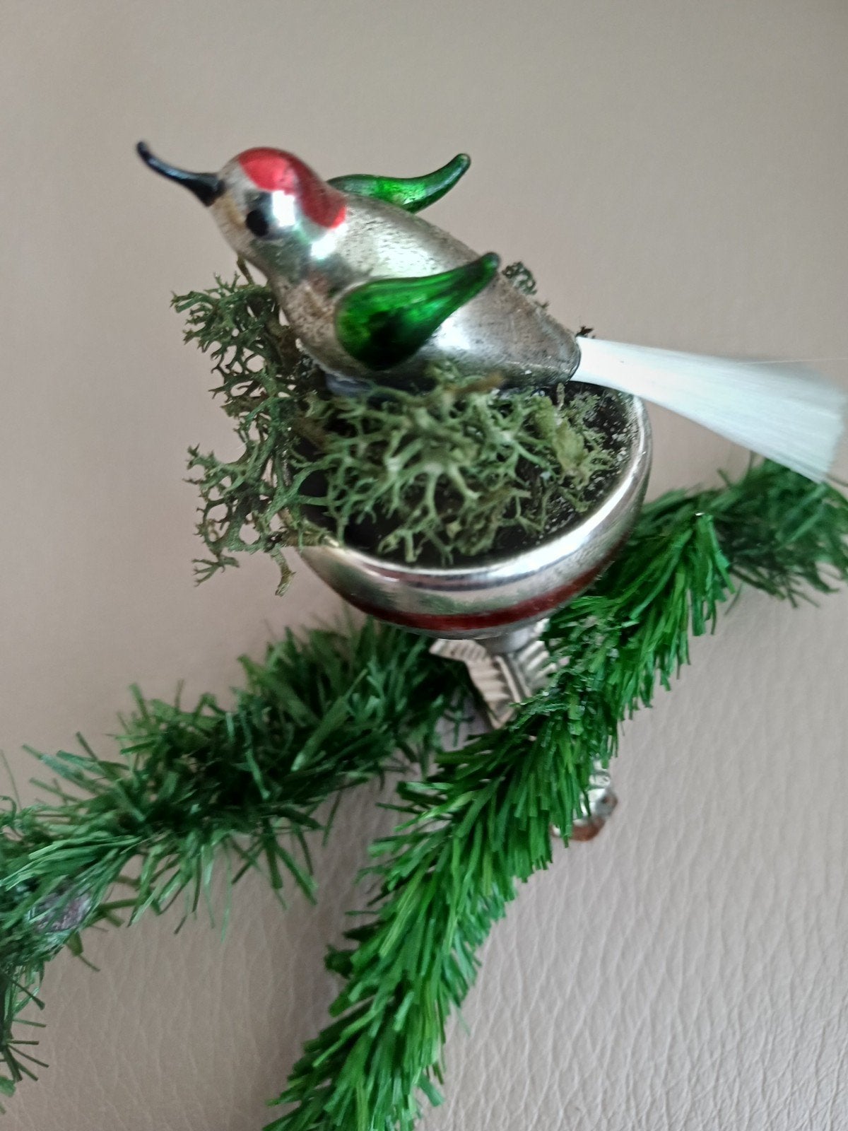 vintage kerstbal van glas vogel op nest clip, Diversen, Kerst, Ophalen of Verzenden
