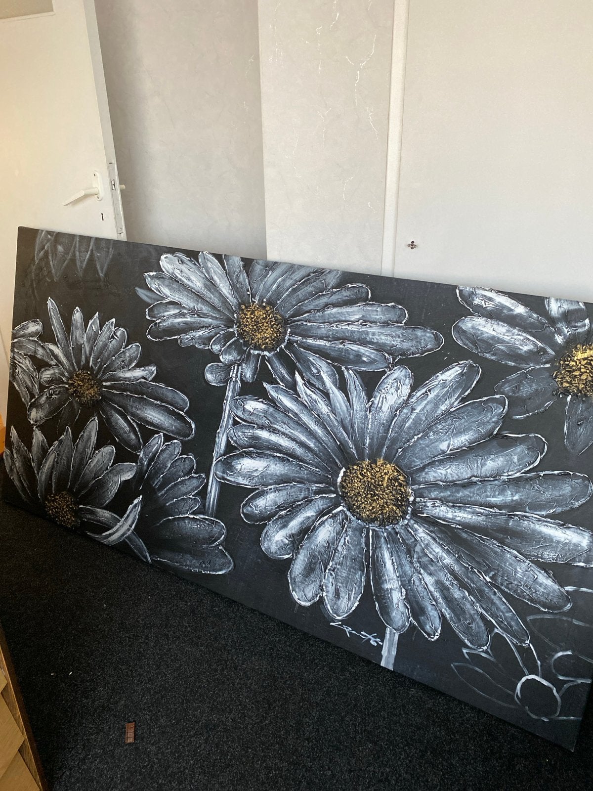 Modern schilderij met bloemen - Zwart, wit en goud, Ophalen, Acrylverf, Met textuur, Bloemen