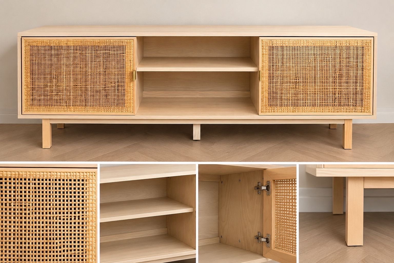 TV-meubel licht hout met rotan deurtjes - Japandi/Boho, Ophalen, 100 tot 150 cm, Zo goed als nieuw, Minder dan 100 cm
