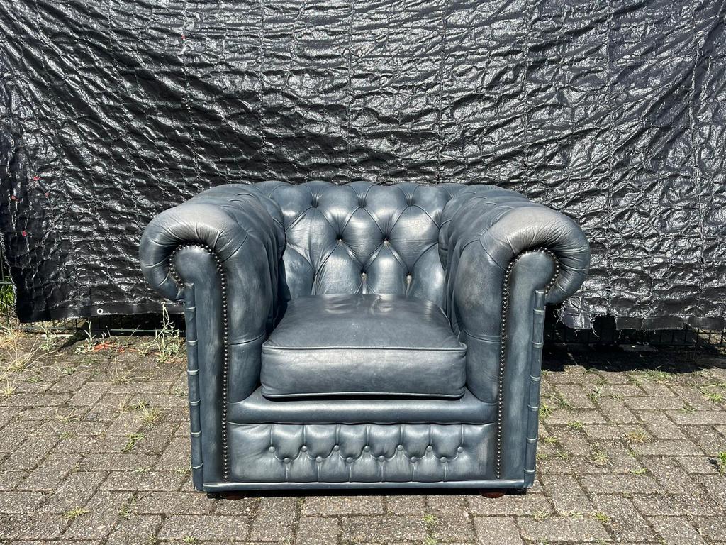 Engels Chesterfield club fauteuil jeans blauw, Ophalen of Verzenden, Zo goed als nieuw, 75 tot 100 cm