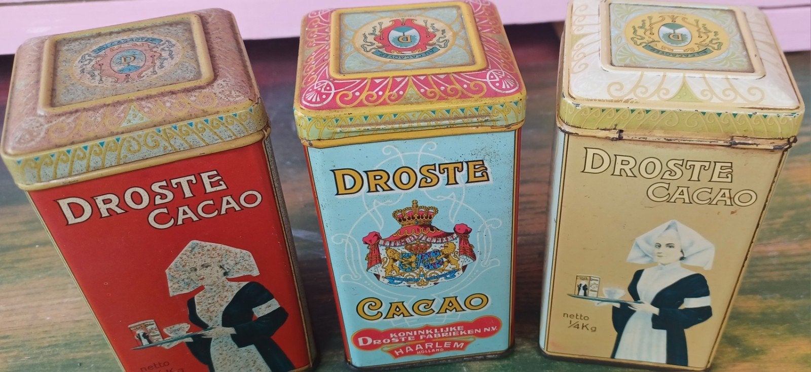 Drie DROSTE blikjes, Verzamelen, Blikken, Ophalen of Verzenden, Overige, Droste