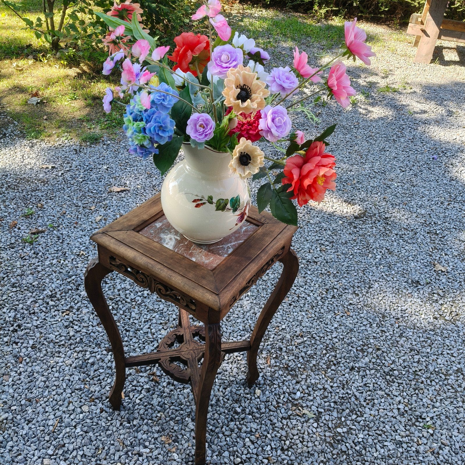 ❤️ Antieke bloemen tafel, pied de stall met marmeren blad., Ophalen of Verzenden