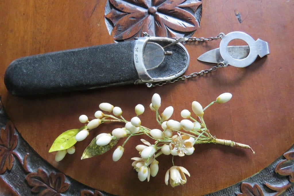 Antieke zilveren etui met ketting en vingerhoedje, Ophalen of Verzenden, Zilver