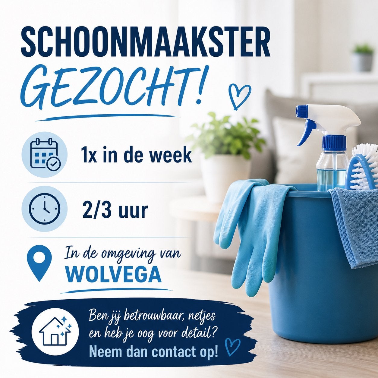 Schoonmaakster gezocht Wolvega e.o.