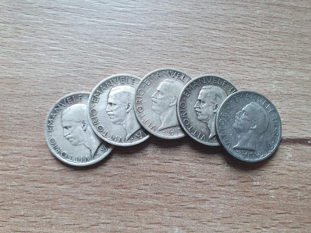 Italië 5 zilveren munten 5 lire 1927 1929 1930, Ophalen of Verzenden, Italië