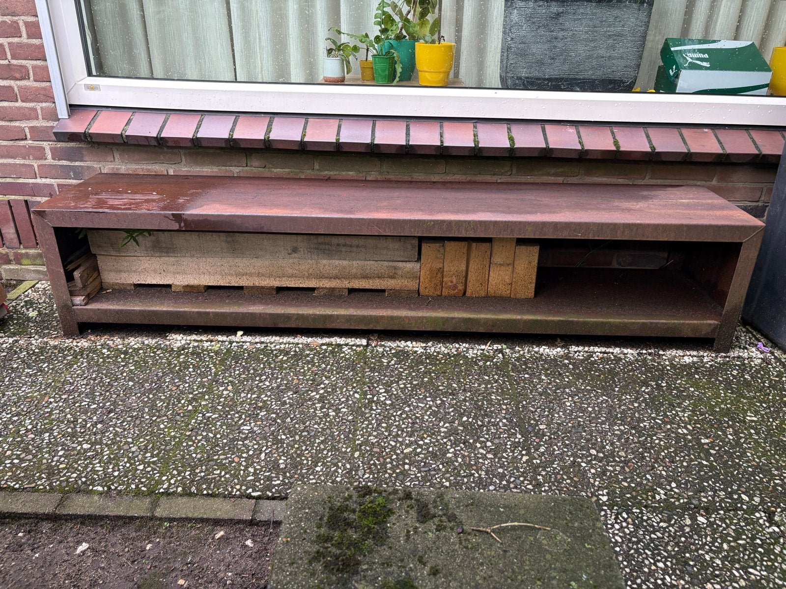 Cortenstaal bankje met houtopslag 200x40x40 cm, Ophalen, Gebruikt, Metaal