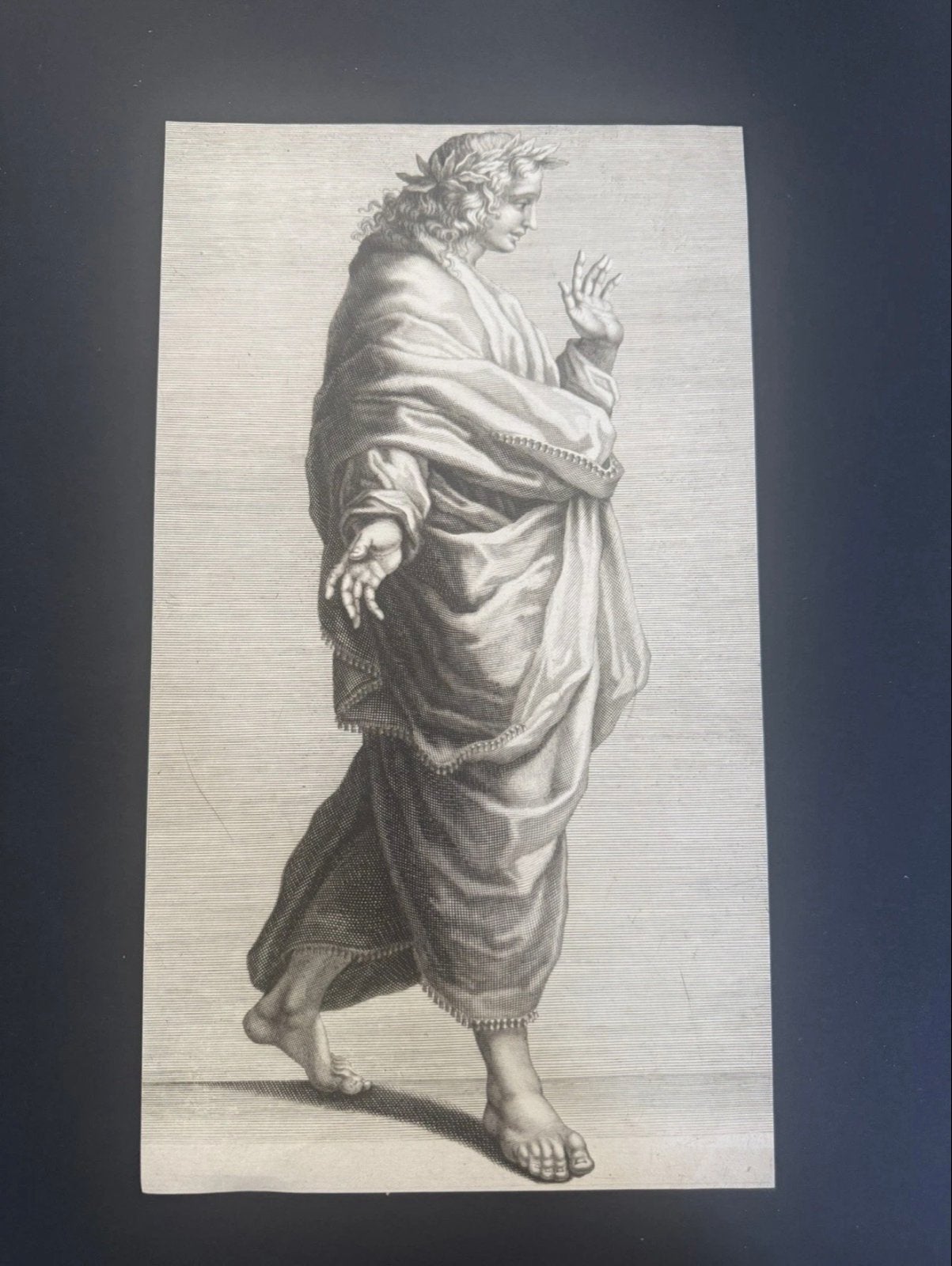 Antieke Gravure: Klassieke Figuur in Gedrapeerd Gewaad, Mythologie, Ophalen of Verzenden, Gravure, Origineel