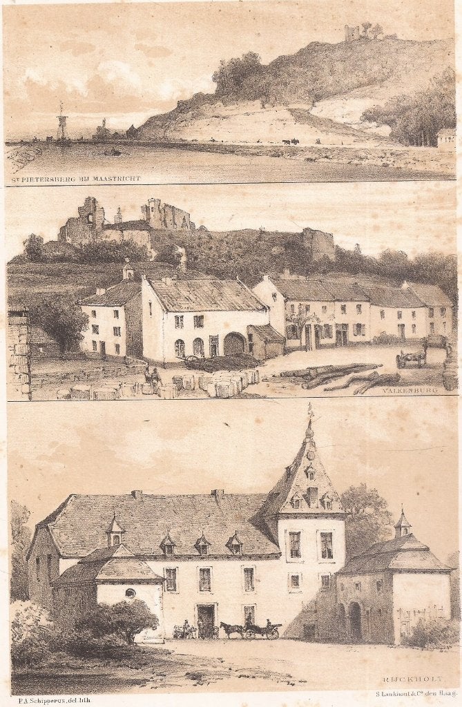 6 Afbeeldingen op één blad Valkenburg Rijckholt Schipperus, Origineel, 1800 - 1899, Ophalen of Verzenden, 14 cm