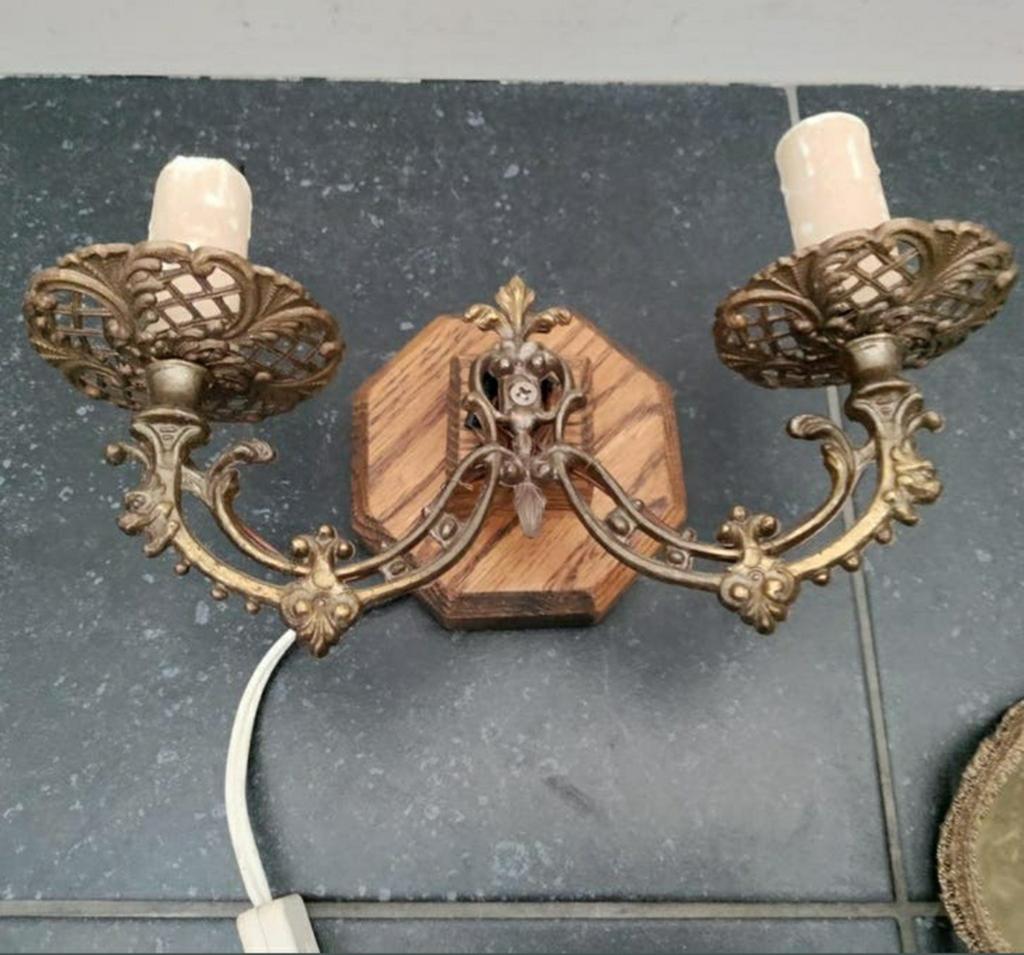 Wandlampje,Mid-Century,Messing,Kapje,Kaarsfitting,massief, Ophalen of Verzenden, Gebruikt, Overige materialen