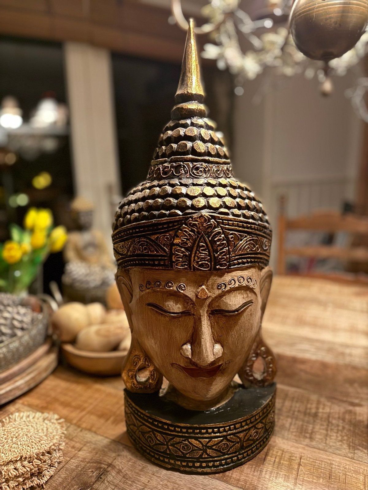 Handgemaakte Houten Boeddha uit Bali, Ophalen of Verzenden, Zo goed als nieuw, Hout, Meerkleurig