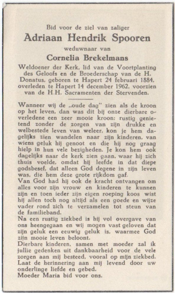 Adriaan H. Spooren 1884 Hapert + 1962 Hapert, 78 jaar oud, Ophalen of Verzenden