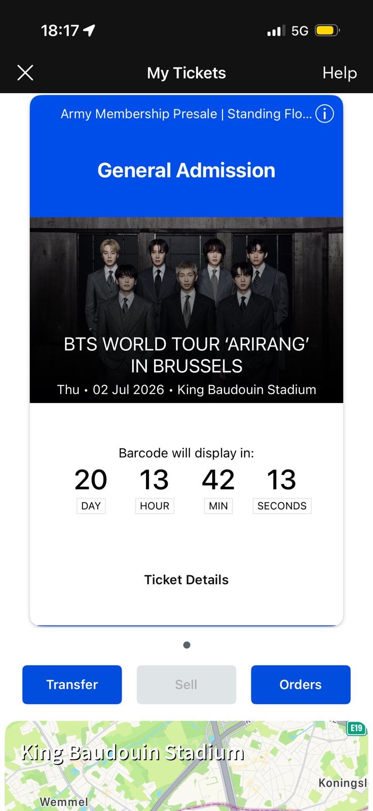 Bts arirang world tour ticket GA zone D, Tickets en Kaartjes, Eén persoon, Juli