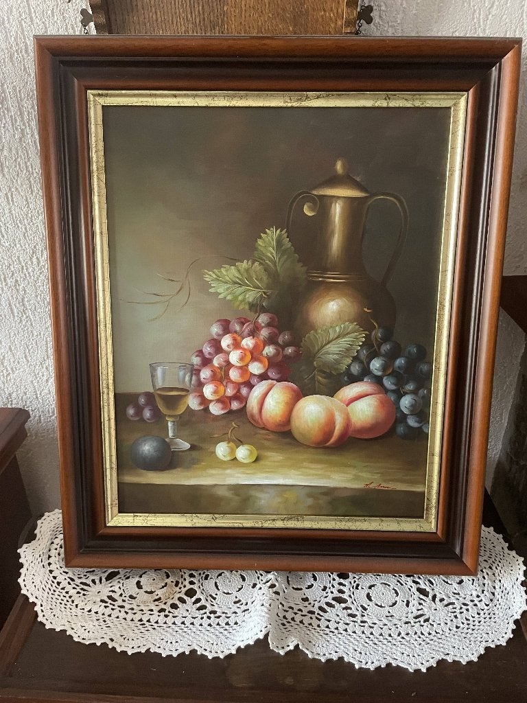 Vintage stilleven Antiek schilderij olieverf M. Aaron, Ophalen of Verzenden, Origineel werk, Olieverf, Stilleven