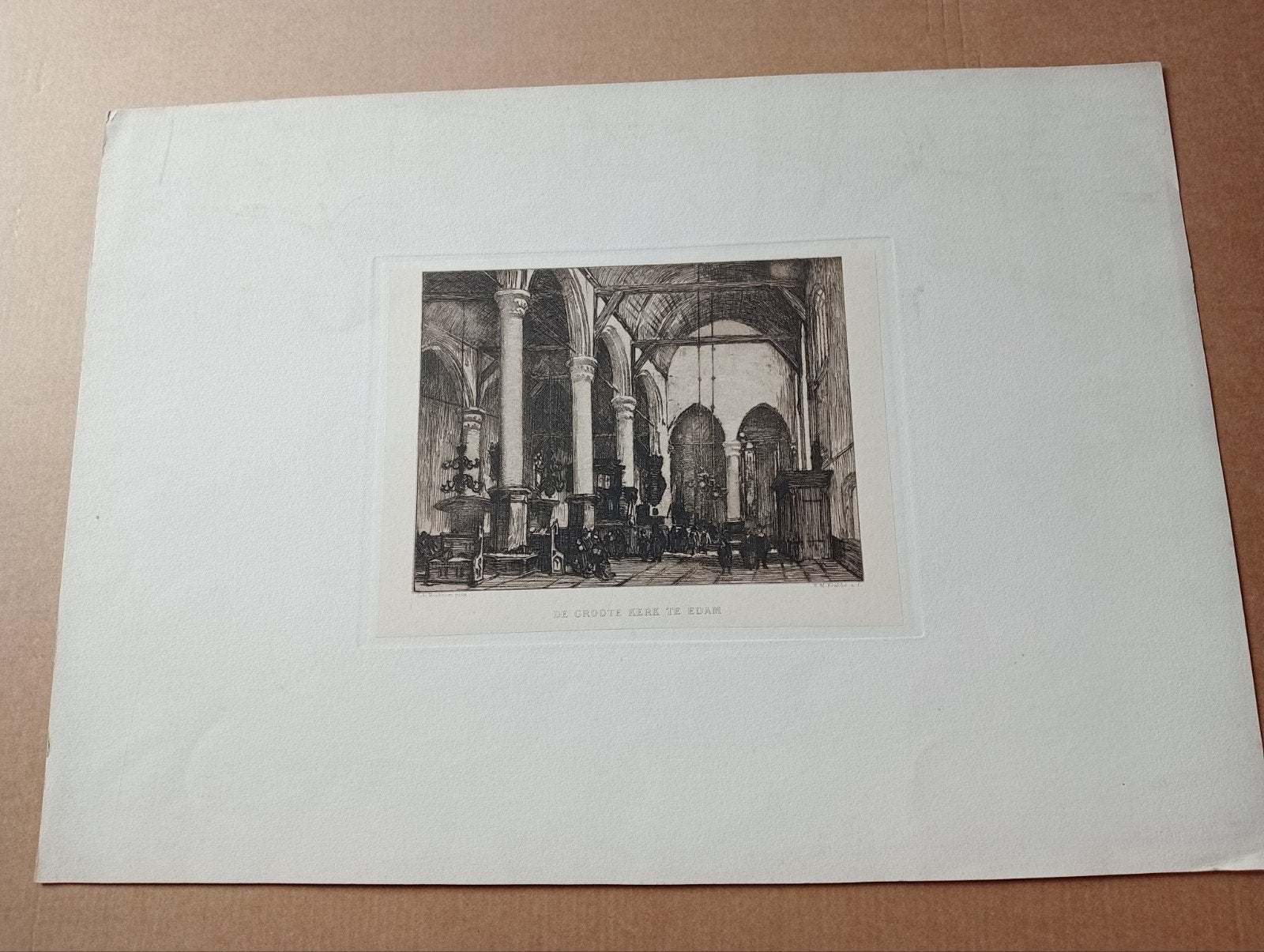 Johannes Bosboom - Ets 'De Groote Kerk te Edam' (19e eeuw), 1800 - 1899, Architectuur, Origineel, Verzenden