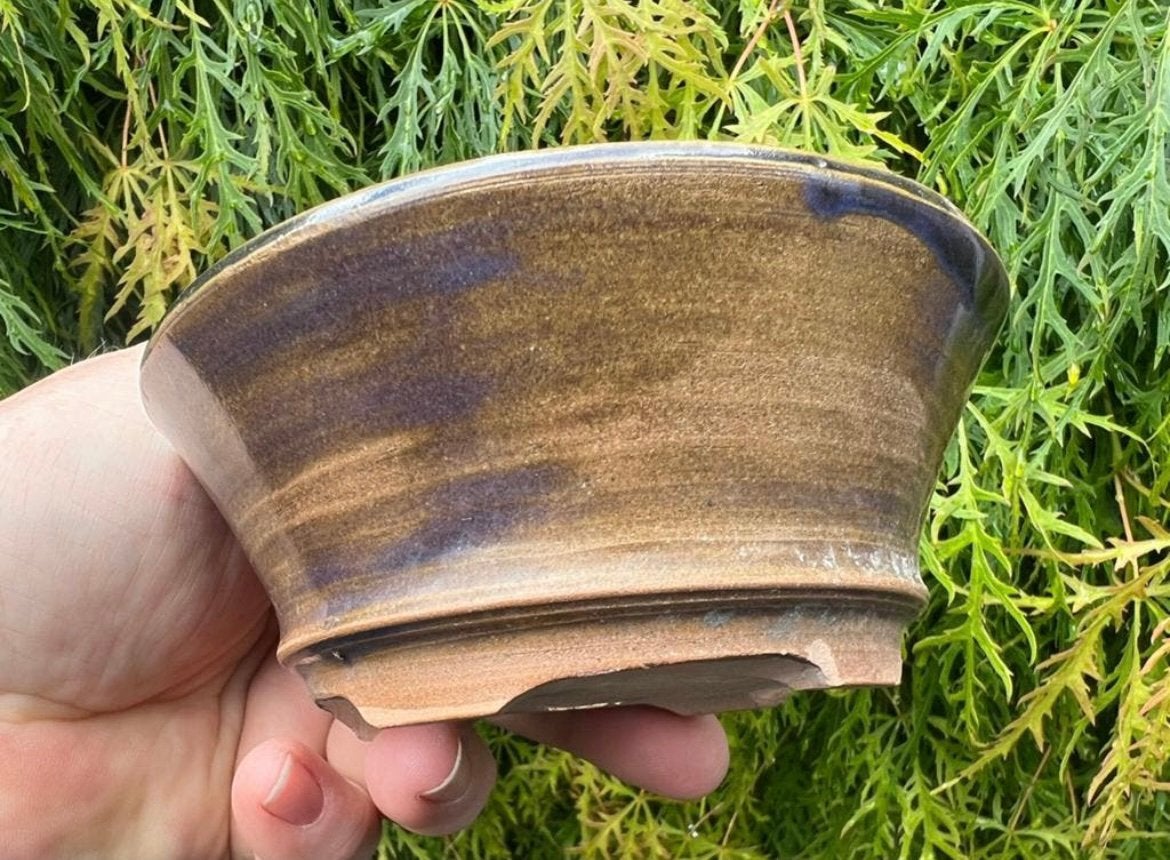 Bonsai pot rond handgemaakt bruin- Lila accenten 12,6x5,2, Tuin en Terras, Bloempotten, Rond, Ophalen of Verzenden, Zo goed als nieuw