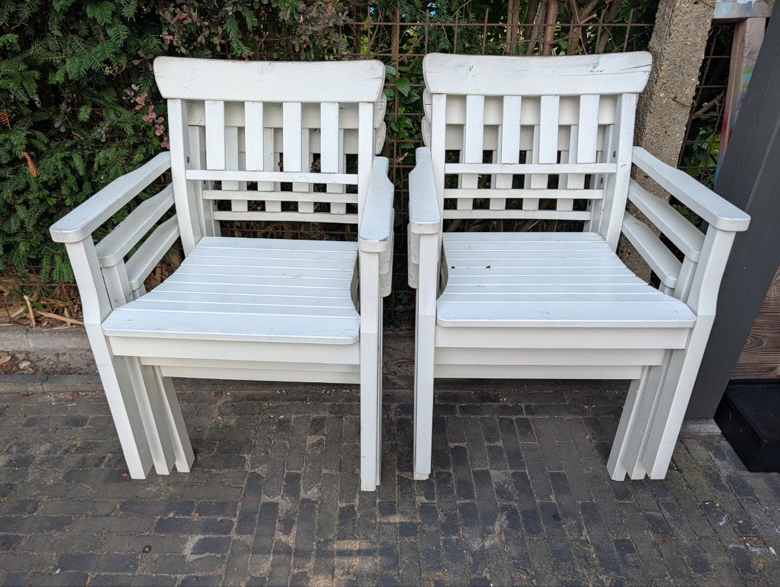 Set van 6 witte houten Ikea tuinstoelen - prima staat, Ophalen, Gebruikt, Hout, Stapelbaar
