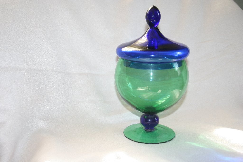 bonbon schaal met deksel groen blauw glas, Antiek en Kunst, Ophalen of Verzenden