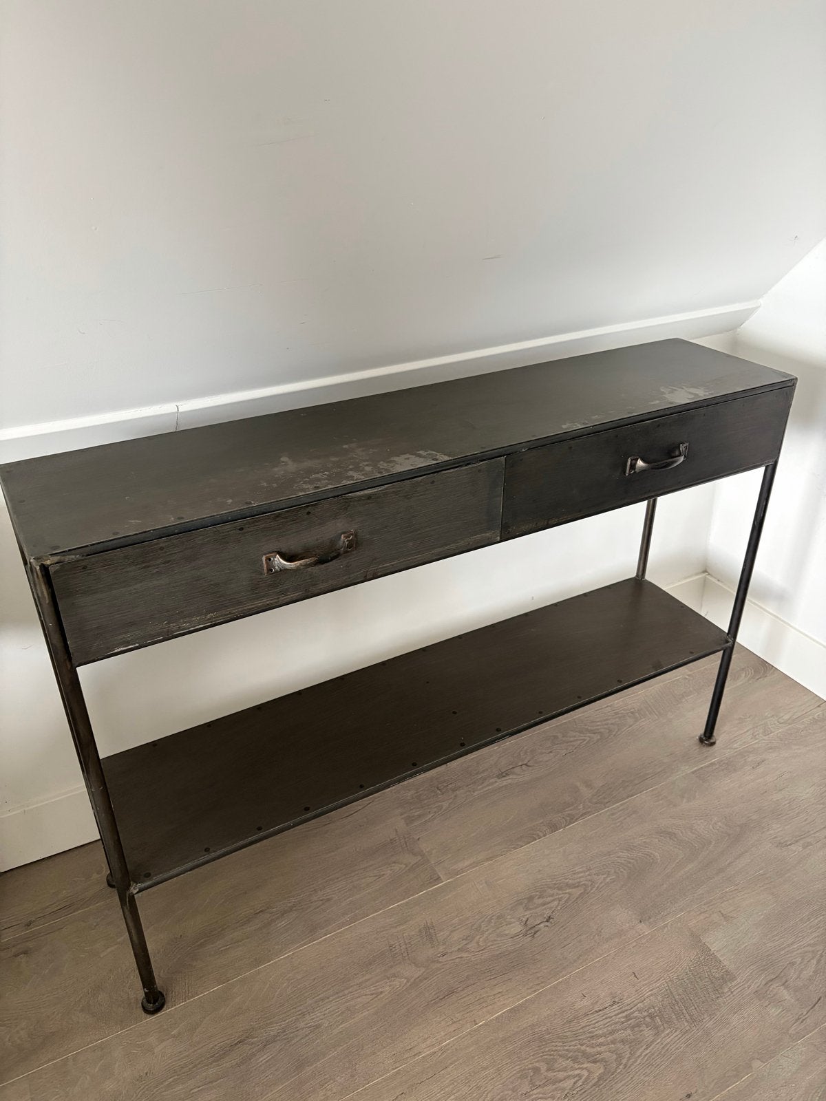 Industriële Console Tafel met Lades en Plank, Ophalen, Gebruikt, 100 tot 150 cm, Metaal