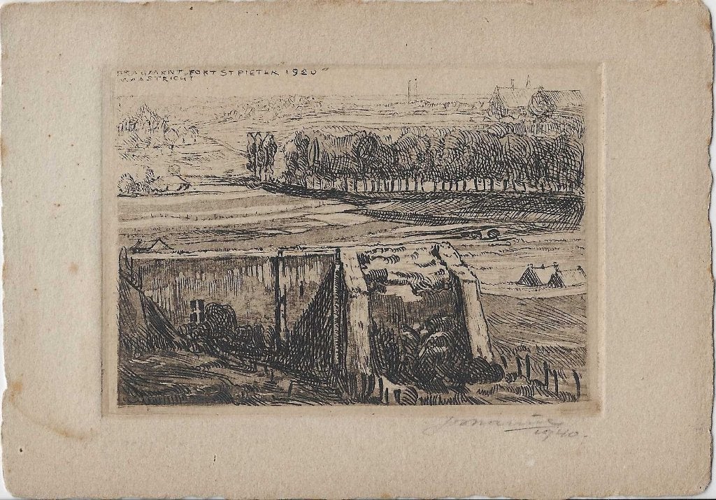 Fragment Fort St. Pieter 1920 Maastricht Ets, Antiek en Kunst, Ets, Ophalen of Verzenden, Blanco verso, 7 cm