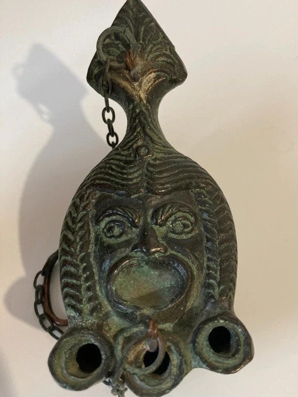 Antieke Bronzen Olielamp Grotesk Romeins masker / Sater, Antiek en Kunst, Ophalen of Verzenden