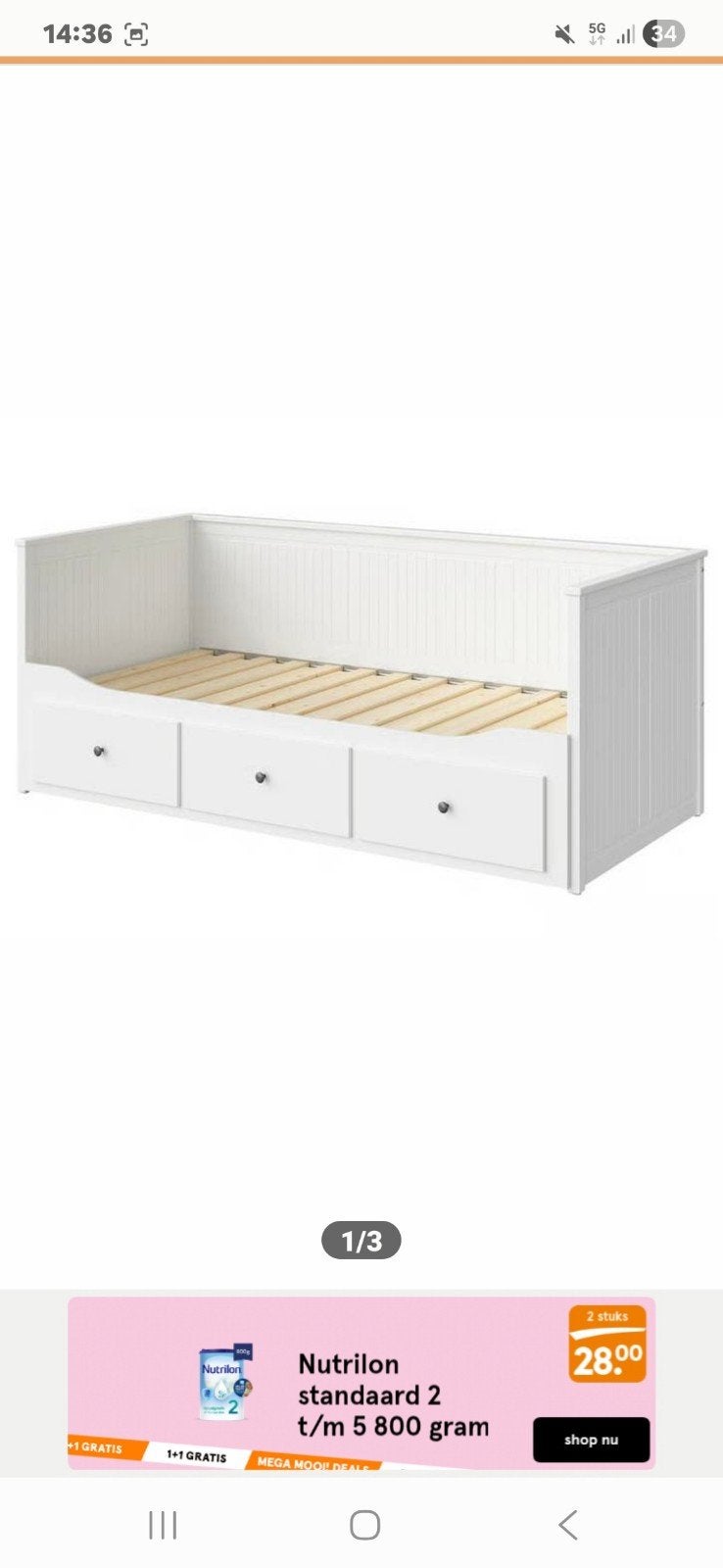 Wit Ikea Hemnes bedbank met lades., Ophalen, Gebruikt, Eenpersoons, Wit