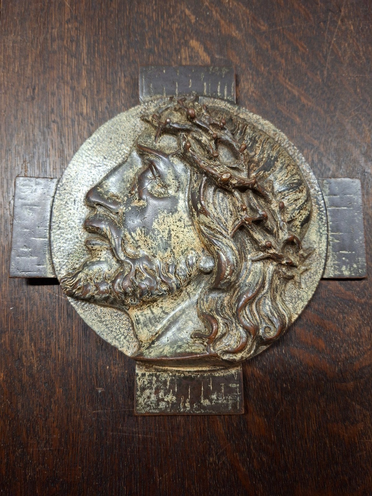 Antieke Bronzen Plaquette – Jezus met Doornenkroon (ca.1900), Ophalen of Verzenden