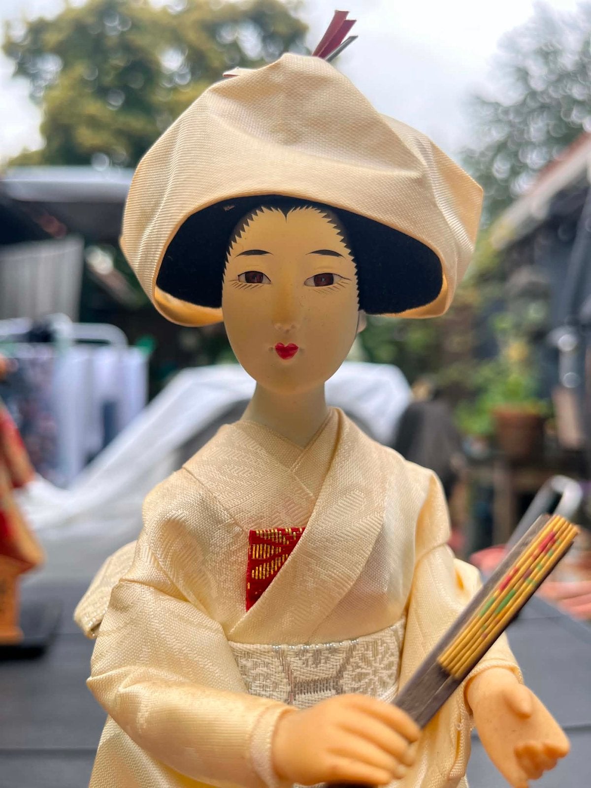 Vintage Japanse Geisha Pop in Kimono met Waaier, Ophalen of Verzenden, Gebruikt, Pop