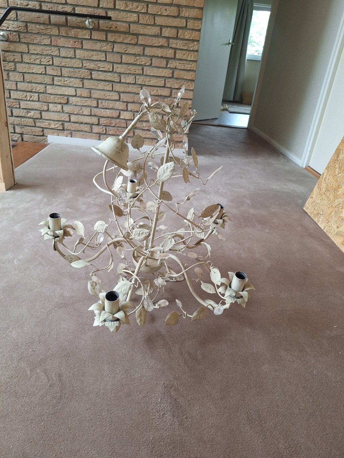 Vintage Kroonluchter met Bladmotief - Crème Wit, Ophalen, Gebruikt, E14 (klein), Vintage, Klassiek, Romantisch