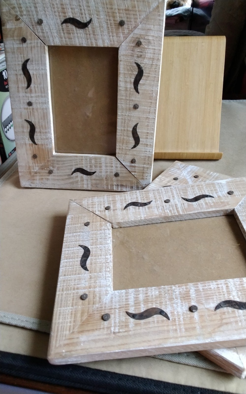 3 hout rustieke fotolijstjes met metalen accenten, Ophalen of Verzenden