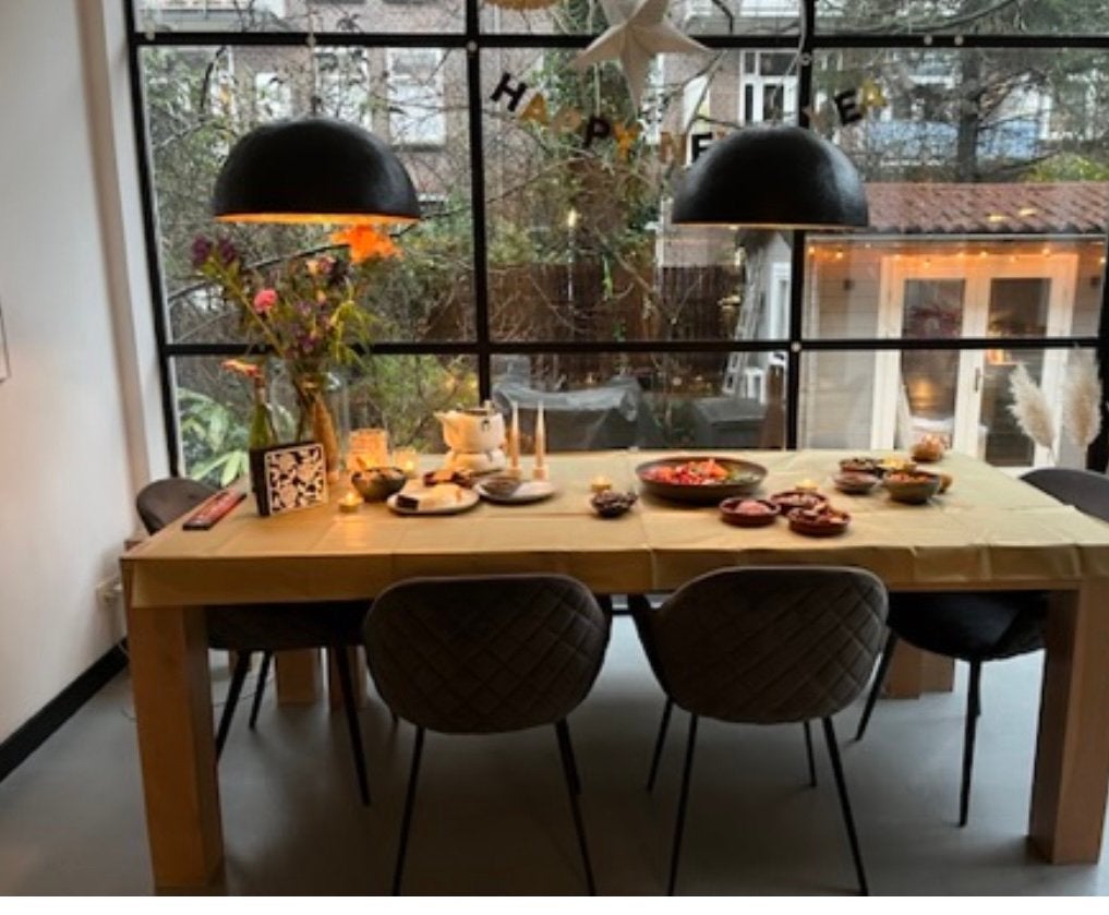 Set van 2 grote design hanglampen zwart/goud (Ø 50 cm), Ophalen, Zo goed als nieuw