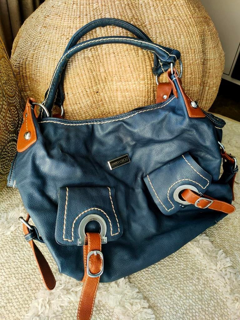 Handtas schoudertas donkerblauw met cognac, Ophalen of Verzenden