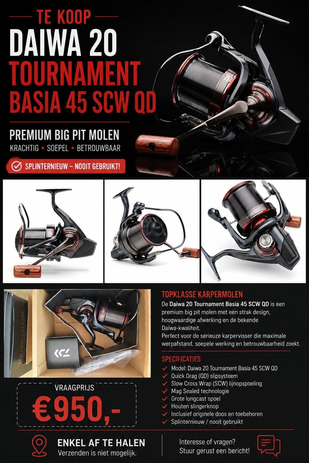 2 x Splinternieuwe daiwa 20 basia 45 SCW QD., Ophalen, Molen