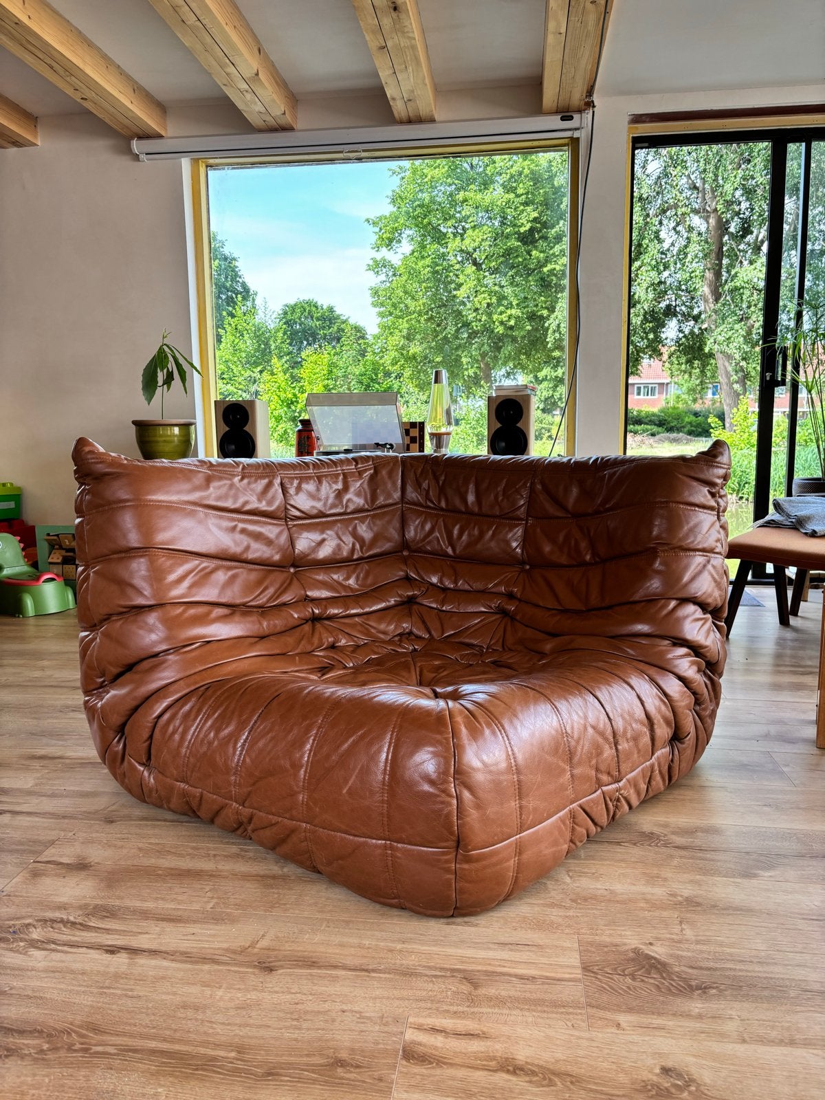 Ligne Roset Togo hoekbank in camel bruin leer, Ophalen, Eenpersoons, Zo goed als nieuw, Minder dan 150 cm