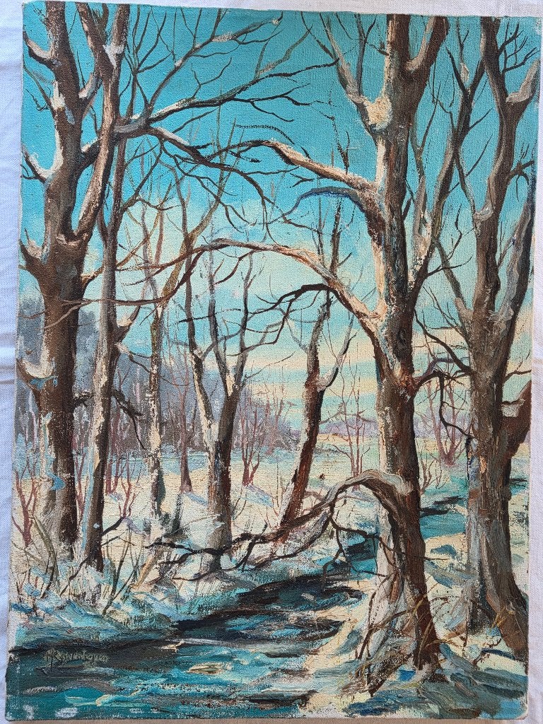 Schilderij 7: Winters landschap, gesign. Kuyvenhoven, Doek, Ophalen of Verzenden, Landschap, Olieverf