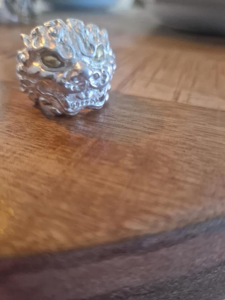 925 zilveren ring. Draak met gouden ogen. Maat 20., Ophalen of Verzenden, Zilver, Ring
