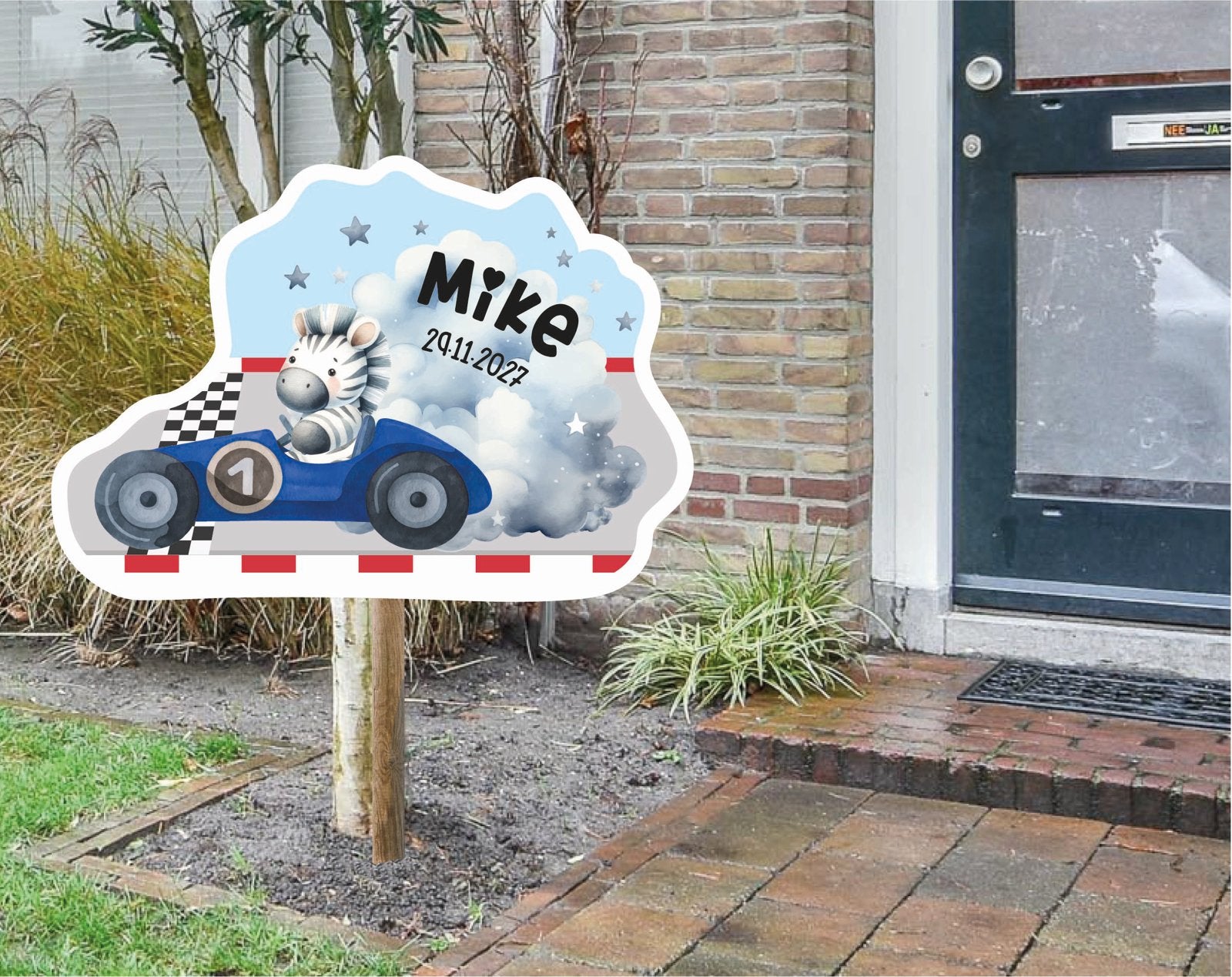 Geboortebord, Raambord of Raamsticker Zebra in Raceauto, Ophalen of Verzenden, Nieuw, Geboortebord
